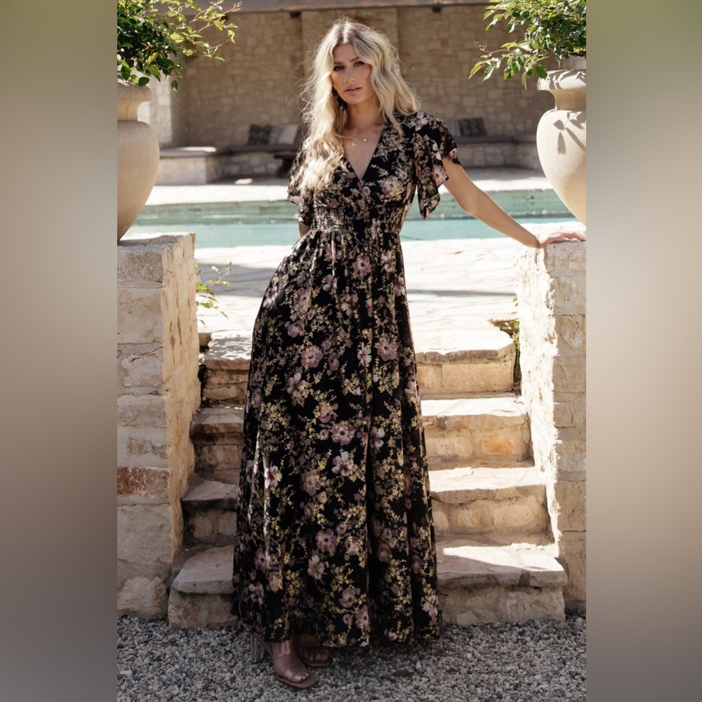 NWT Baltic Born Lynlee Metallic Maxi Dress Black Metallic Floral Flutter Size 3X - Picture 2 of 10